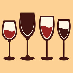 Create four simple icons of wine glasses, showing a filled silhouette, an empty outline, a partially filled glass, and a glass with a wavy liquid line.