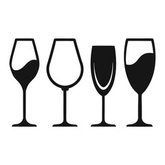 Create four simple icons of wine glasses, showing a filled silhouette, an empty outline, a partially filled glass, and a glass with a wavy liquid line.