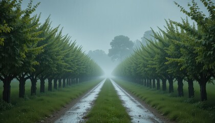 Obraz premium Tranquil Misty Pathway Among Lush Green Trees in Early Morning