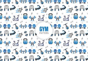 seamless pattern with gym icons, dumbbells, kettlebells, jumping rope, running shoe
