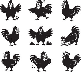 Nine Silhouettes of Cartoon Chickens in Various Poses