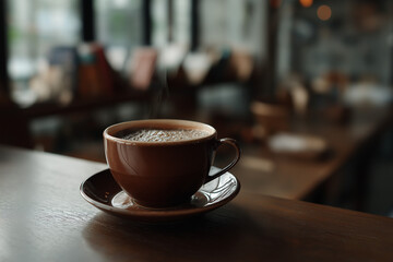 Obraz premium A cozy cup of steaming coffee at a cafe.