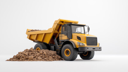 Fototapeta premium Yellow mining dump truck loaded with soil, isolated on a white background. Concept of heavy machinery, industry, transportation and construction.