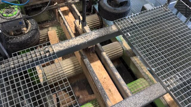 Automated woodworking machinery efficiently processes timber planks, demonstrating the precision and automation of modern sawmill operations