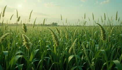 Fototapeta premium Lush Green Wheat Field Under Bright Sunlight at Golden Hour