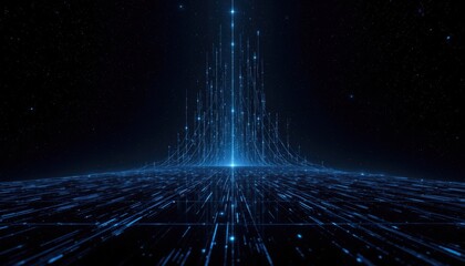 Dynamic blue light burst digital space abstract visual sci-fi environment aerial view technology concept