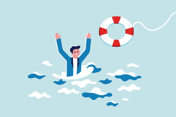 Help in crisis, life saver, rescue or business support, safe and security aid to solve problem, emergency lifebuoy concept, hopeless businessman drowning in ocean try to grab lifebuoy from safe guard.