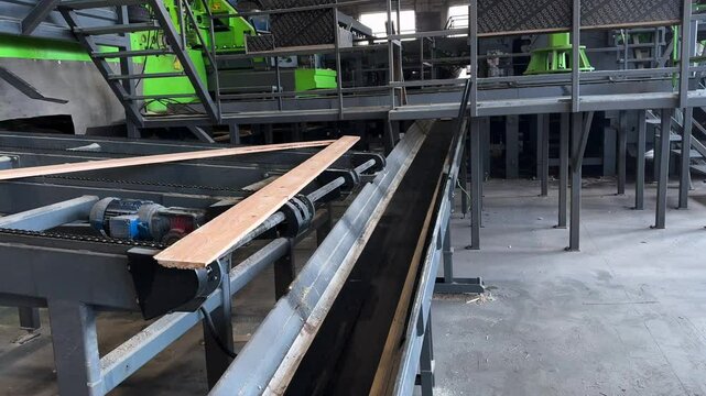 Automated machinery transports a wooden plank along a conveyor belt within a lumber mill, showcasing industrial efficiency in wood processing