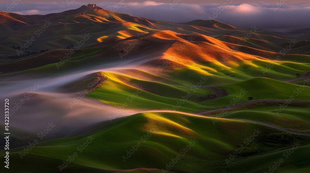 Aufkleber beautiful mountain range with a misty fog rolling over the hills. the mist creates a serene and peac
