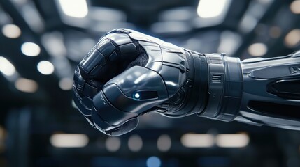 Futuristic metallic robotic fist, close-up. Advanced, highly-detailed cybernetic hand in a tense, powerful pose. Cyberpunk style