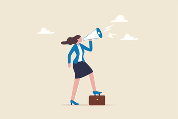 Speak up, communicate with confidence, telling the truth or presentation skill, storytelling, speaker, presentation or shout out concept, confidence businesswoman leader speak out loud on megaphone.