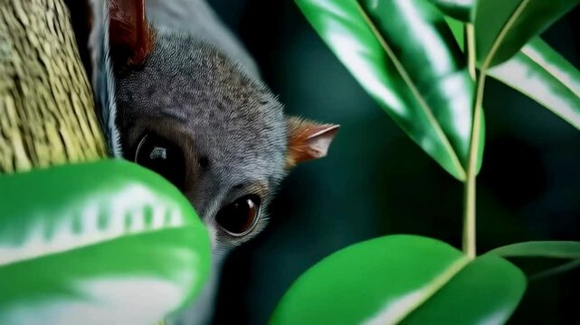 Adorable Slow Loris Peeking from Behind a Tree Trunk in Lush Tropical Foliage