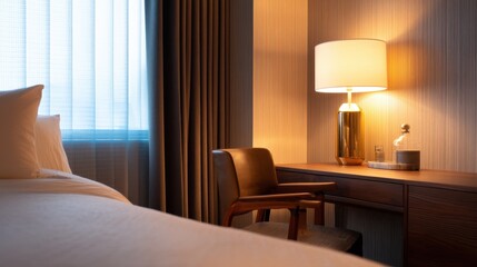 Cozy hotel room featuring a neatly made bed, warm lighting, and a stylish workspace