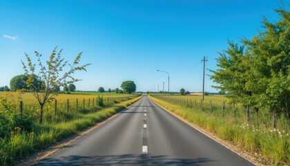 Fototapeta premium Scenic Road Pathway Through Green Fields Under Clear Blue Sky