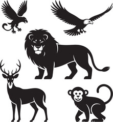 Black Silhouette Wildlife Set Lion Eagle Deer Monkey
