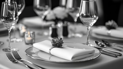 Elegant dining table setting with silver cutlery, wine glasses, and decorative flower centerpiece