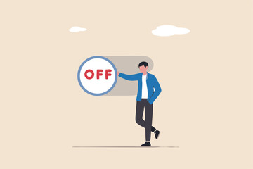 Switch off or turn off setting preference, analytics control panel or power shutdown electricity, saving energy and ecology concept, businessman pushing switch to be off in control panel dashboard.