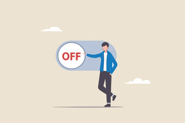 Switch off or turn off setting preference, analytics control panel or power shutdown electricity, saving energy and ecology concept, businessman pushing switch to be off in control panel dashboard.