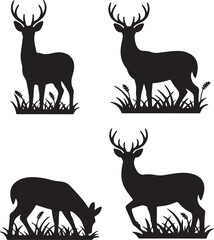 Four Deer Silhouettes in Grass  Elegant Wildlife Illustrations