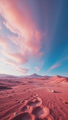 Naklejka premium Serene Pink Clouds Over Vast Red Desert Landscape at Dusk