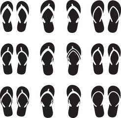 Twelve Pairs of Black Flip Flops Summer Sandals Icon Set