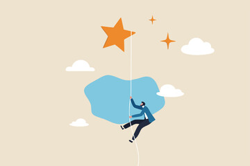 Effort to achieve goal or success, courage or risk taking to win business or career growth, reaching goal or finish mission concept, strong businessman rope climbing full effort to reach the star.