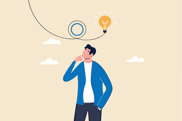 Rethink or think again to make change for better result, thinking new way to solve problem or make decisions, innovation idea to disruption concept, smart businessman rethink with lightbulb idea.