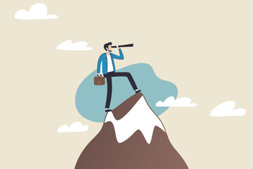 Ambition to success and achieve target, career growth or business goals, challenge to win, achievement or victory concept, motivated businessman reach mountain peak aiming to achieve higher targets.
