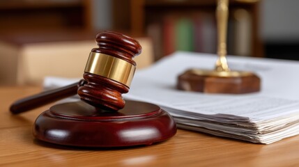 Gavel on Wooden Stand with Legal Papers and Blurred Background in Law Office Setting