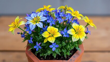 Hexagon Planter with Blue and Yellow Ixia and Bugleweed, Copy Space Design