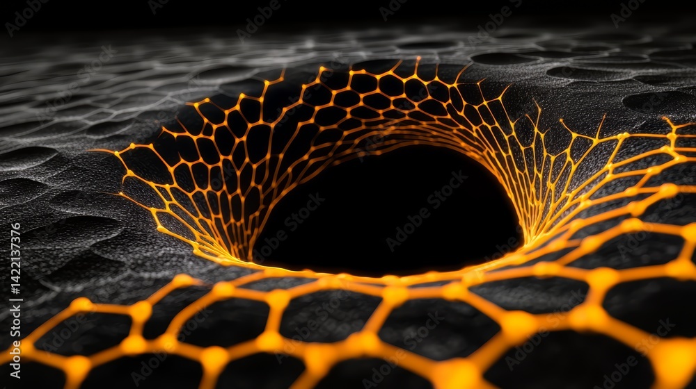 Leinwandbilder Black and orange image of a hole in a black background. The hole is surrounded by a network of orange lines. The image has a mysterious and intriguing mood