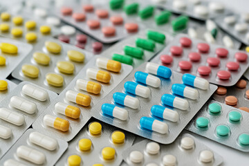 Closeup view of different medicines like colorful pharmaceutical capsules and tablets in various pill blister packaging