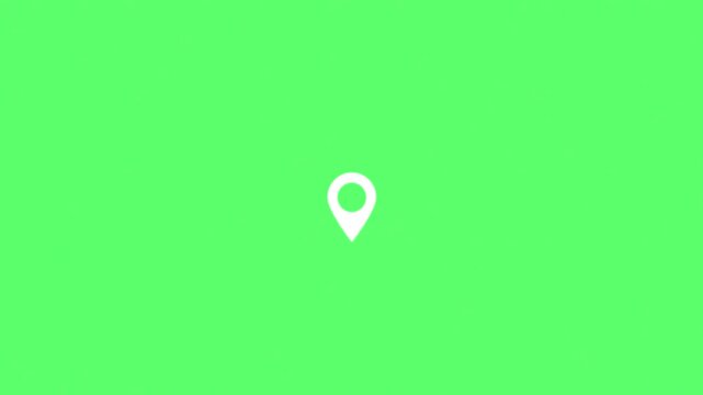 2d white location pin icon animated on green screen, maps marker symbol animation on chroma key background