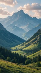Fototapeta premium Breathtaking Mountain Landscape with Lush Green Valleys and Peaks