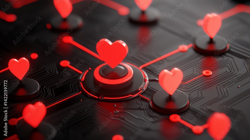 Poster black background with red hearts scattered around it. the hearts are connected to each other in a ne