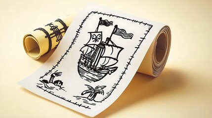 Old Pirate Map Illustration with Ship and Tropical Island Details