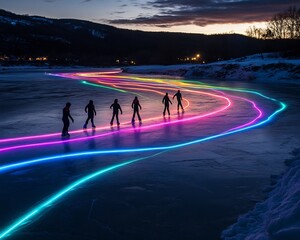 Ice skaters a frozen lake with LED blades colorful streaks under moonlight