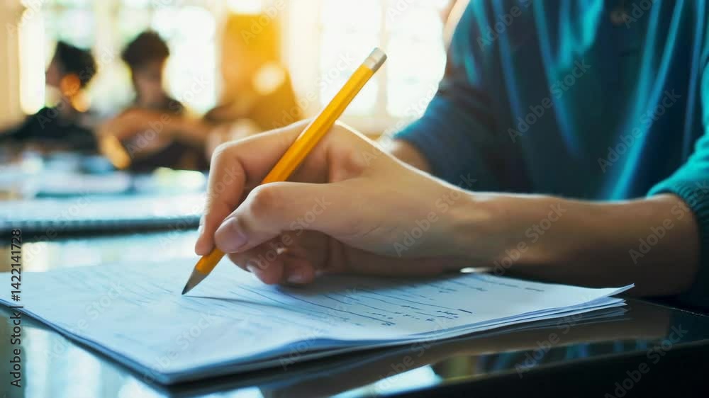 Poster Student's hand meticulously writing lecture notes with pencil during classroom session, capturing studious concentration through slow motion close up sequence