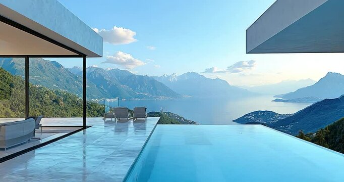 Modern house infinity pool mountain lake view