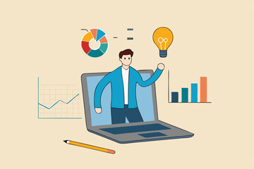 Business consultant, advisor or expertise, online presentation or conference call, strategy and analysis concept, smart businessman from computer laptop monitor giving some advice with analysis graph.