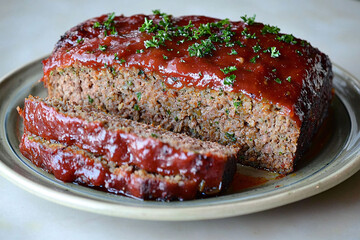 Fresh Delicious Meatloaf Is Presented Plate, Sliced Show Juicy Interior. Generously Covered Glossy Glaze Sprinkled Parsley.
