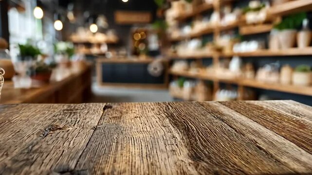 Rustic wooden table surface in blurry modern interior with shelving of home goods and hanging lights for background textures and design