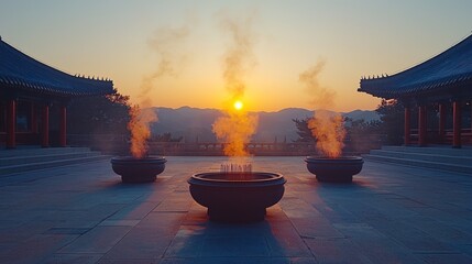 Sunrise ceremony in ancient temple
