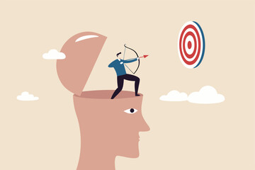 Success mindset, attitude to achieve goal or target, challenge to succeed in work, growth mindset or thought leader and determination concept, courage businessman archery aiming bot to hit target.