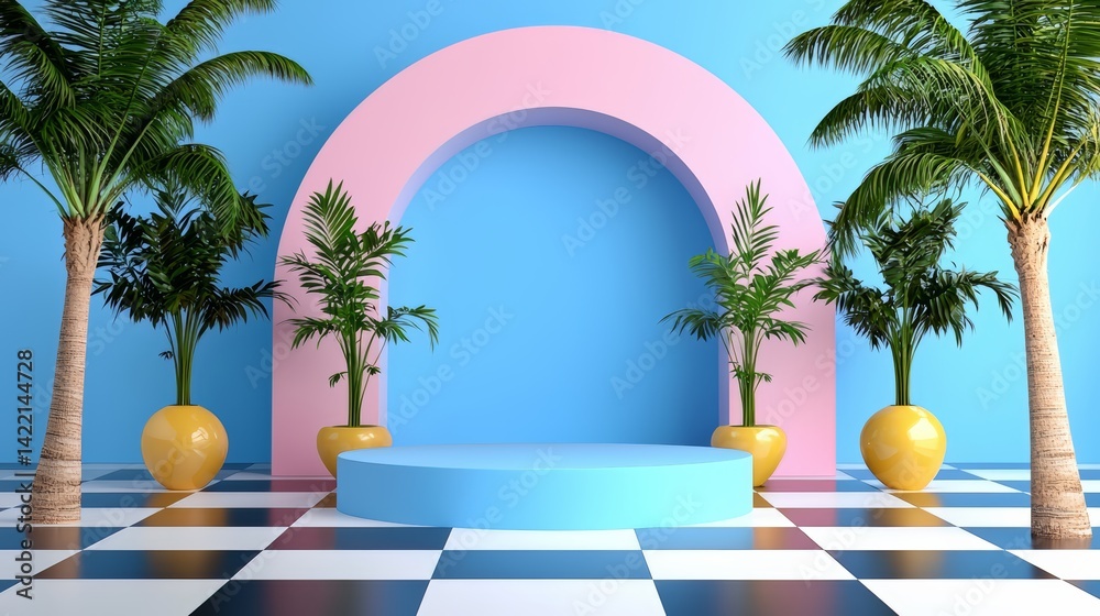 Poster Blue and pink archway with palm trees in front of it. The archway is in the middle of a room with a checkered floor