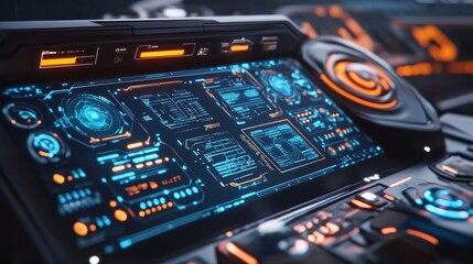 Futuristic cockpit dashboard with glowing screens and controls.
