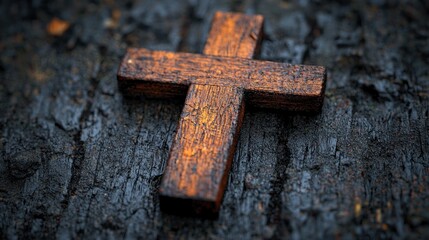 Fototapeta premium Wooden cross on charred wood