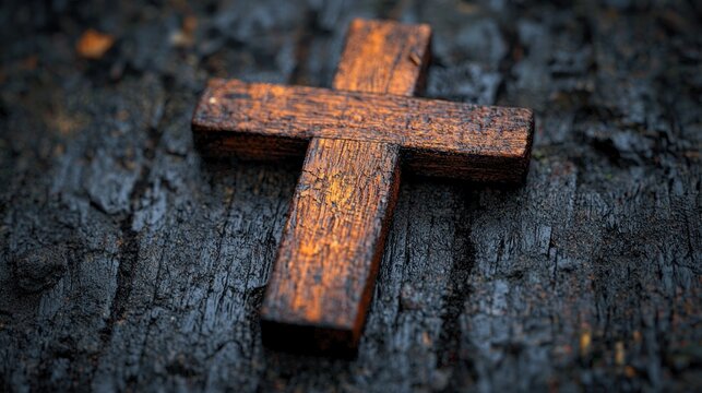 Wooden cross on charred wood