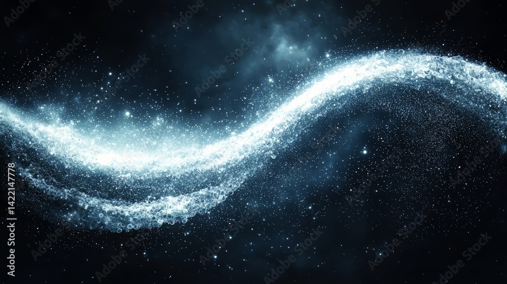 Leinwandbilder Blue and white wave of light with many stars in the background. The stars are scattered throughout the image, creating a sense of movement and energy. Scene is one of wonder and awe