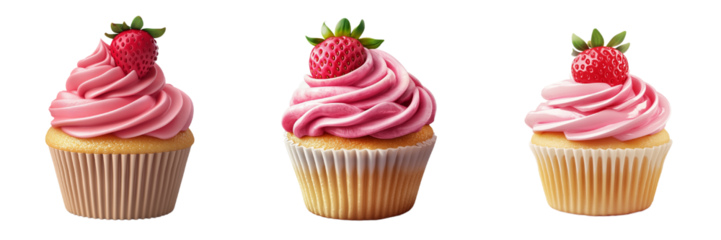 A set of realistic 3D cupcake icons in strawberry pink glaze and glossy topping, isolated on a transparent background